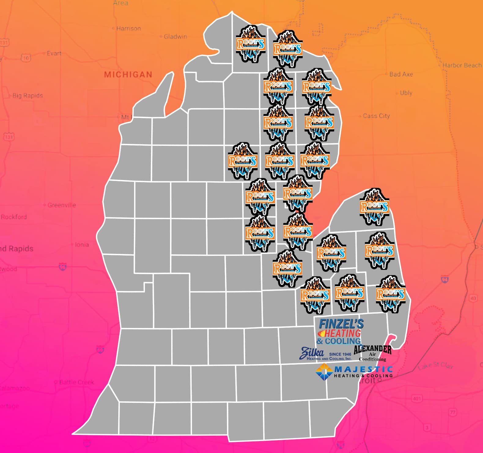 ROO-250304-OT Service area map for Root's Heating & Cooling, covering Detroit, Midland, Harbor Beach, and the surrounding areas.